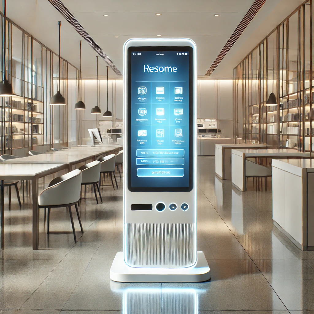 Un kiosco electrónico con diseño práctico y funcional en un entorno profesional moderno, ideal para negocios minoristas o de hostelería.